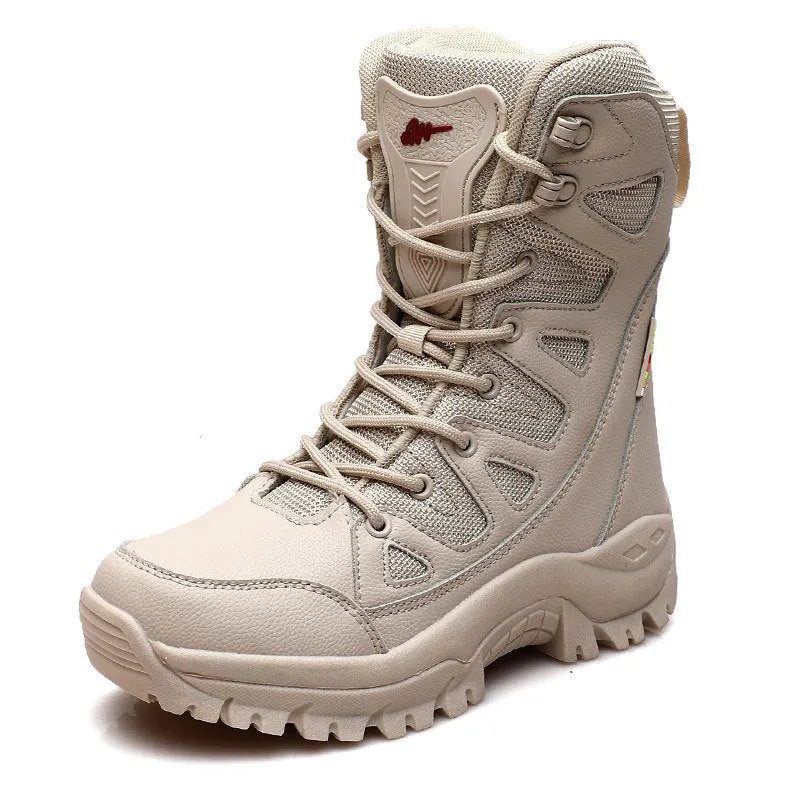 Men's hi-top hiking shoes in beige with cowhide upper, suitable for outdoor activities like running and climbing