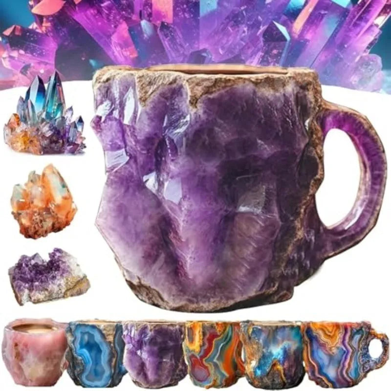 Resin mineral crystal coffee mug with 400ml capacity and 3D crystal structure in purple colour