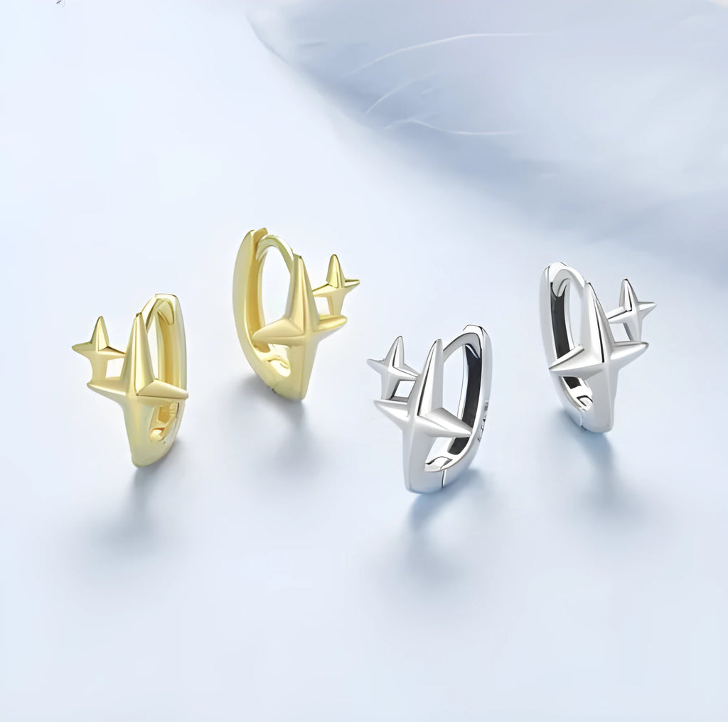 Minimalist star design sterling silver ear clips with oxidation finish and clip-on back.