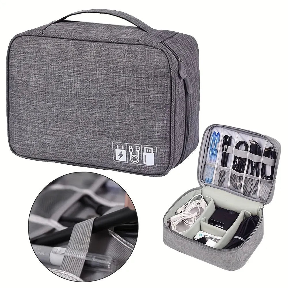 Black electronics organiser bag with mesh pockets and removable dividers for cable storage