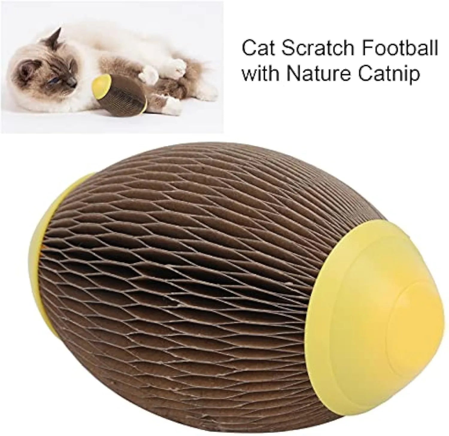 Elliptical catnip ball toy made of recycled corrugated paper, 65mm by 108mm, for scratching and play