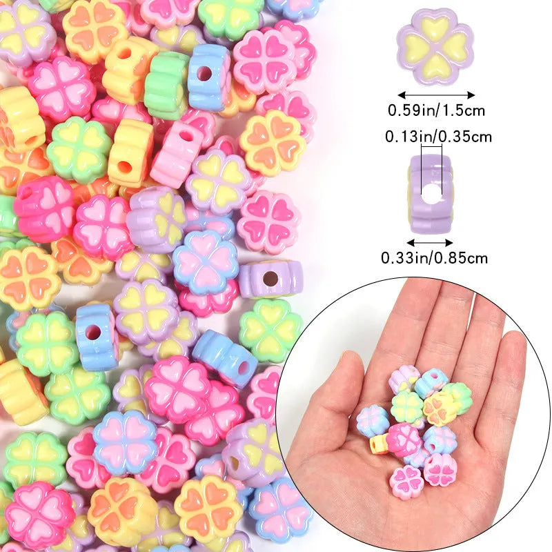 15mm frosted acrylic four-leaf clover beads in mixed colours including rose red, pink, yellow, green, blue, and purple
