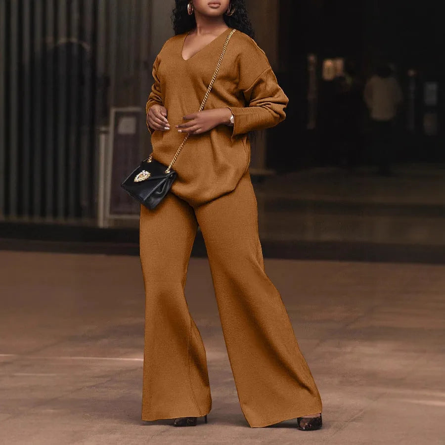 Women's brown suede two-piece suit with split sleeves, Japanese Korean casual style, trousers length