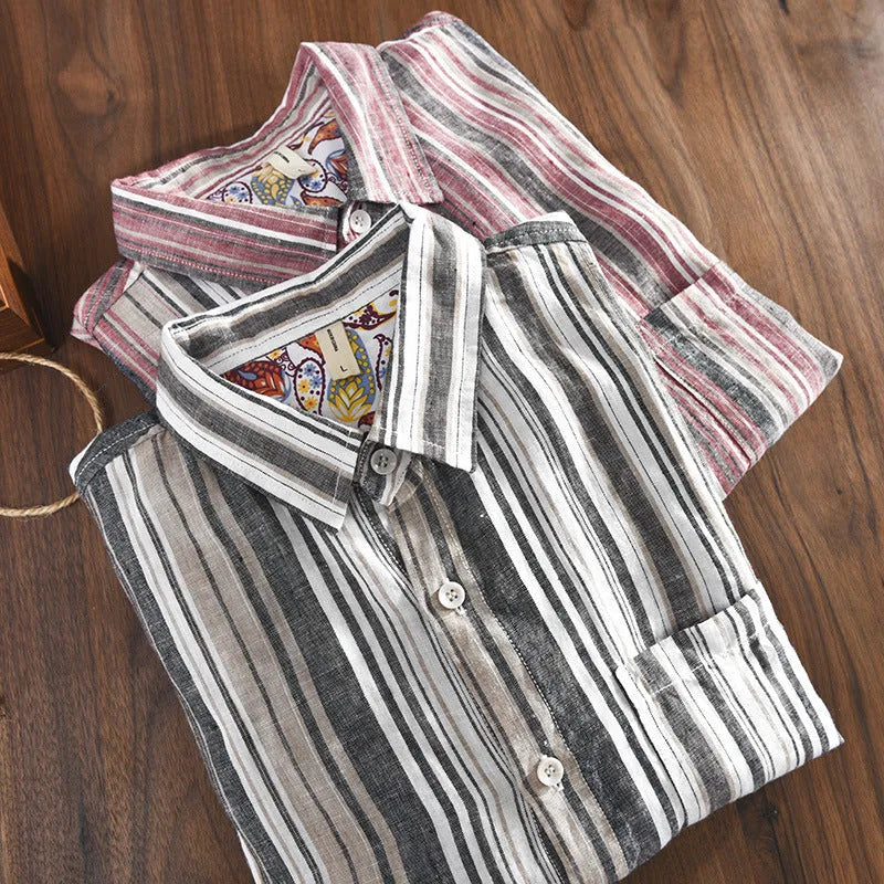 Men's red and grey striped linen shirt with long sleeves in loose fit for spring and summer wear