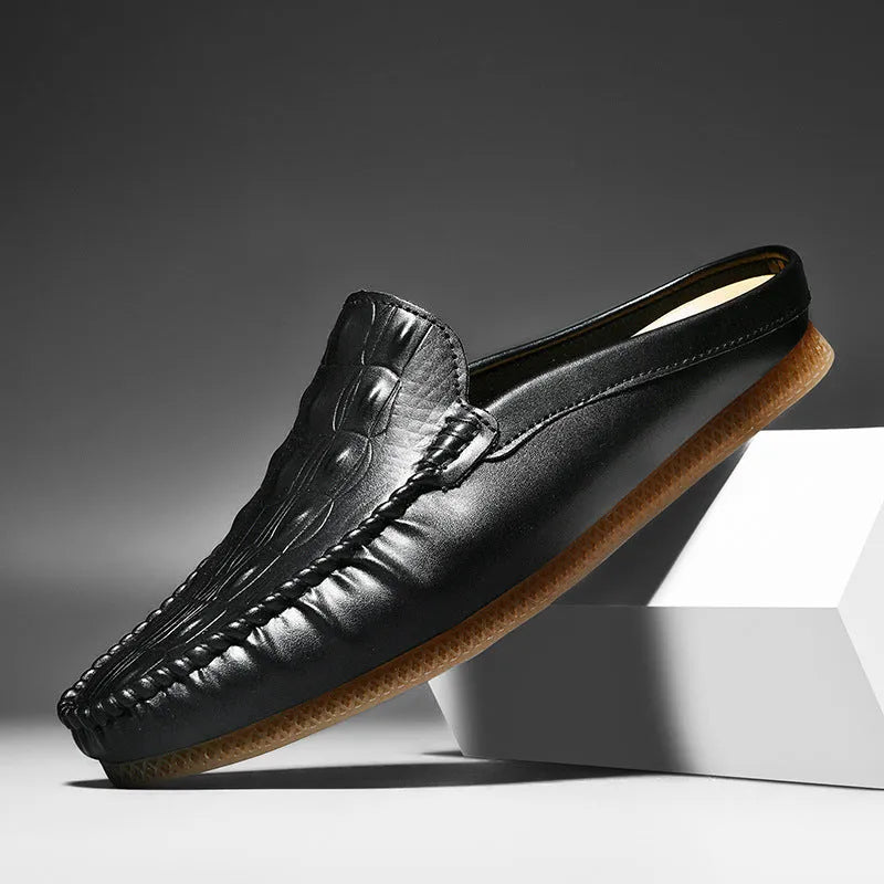 Men's black summer semi-slippers with a breathable artificial PU upper and a textured Gommino rubber sole.
