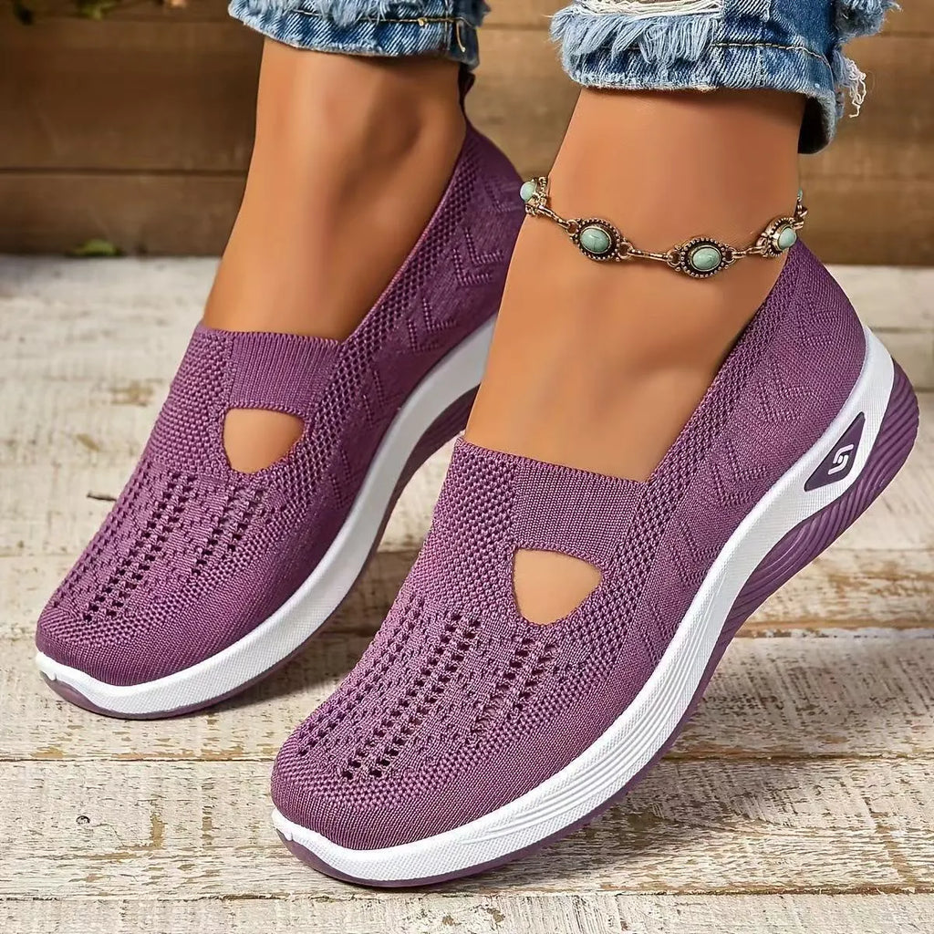 Women's soft sole casual mesh shoes in multiple colours with T-strap and flat heel design