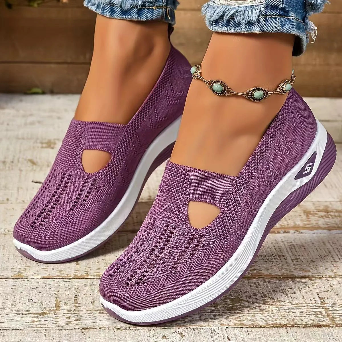Women's soft sole casual mesh shoes in multiple colours with T-strap and flat heel design