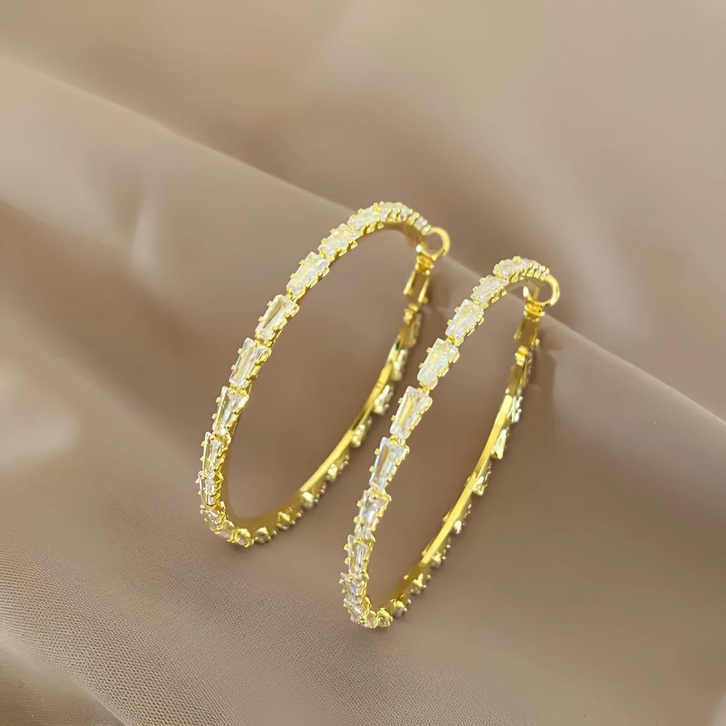 Gold-plated copper big circle hoop earrings with rhinestone inlay and 925 silver needles