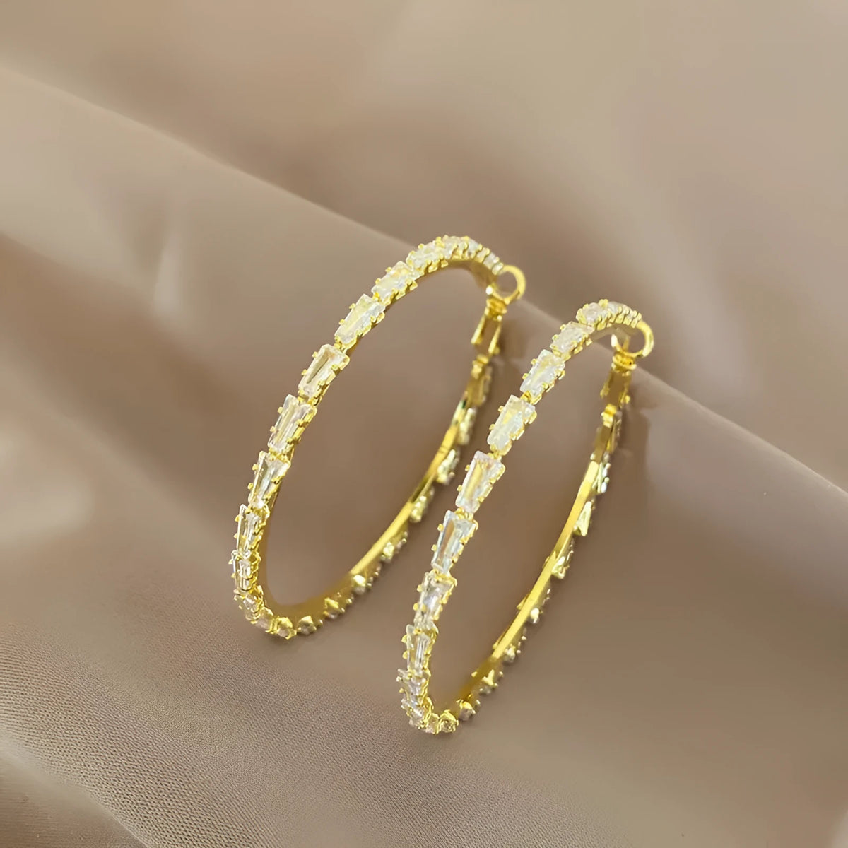 Gold-plated copper big circle hoop earrings with rhinestone inlay and 925 silver needles
