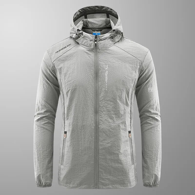 Men's hooded summer top in nylon fabric showing loose fit and sun protection design