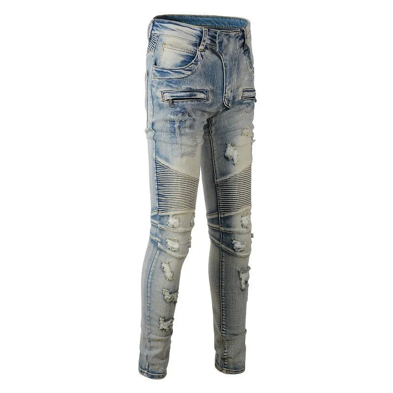 Light blue men's slim fit jeans with hand-frayed distressing on the knees and hem, showing a straight leg cut.