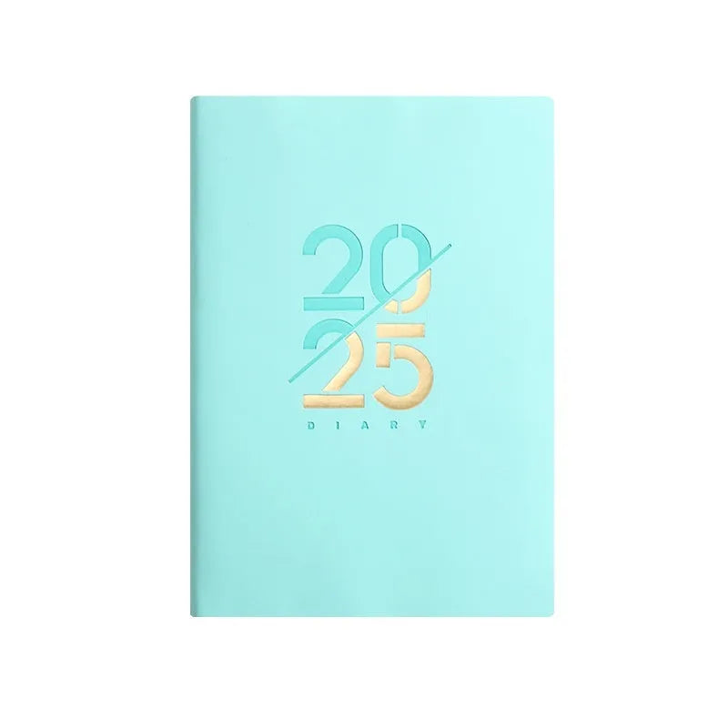 A5 daily planner with faux leather cover open to show 150 sheets of Dorian paper and lying-flat thread binding