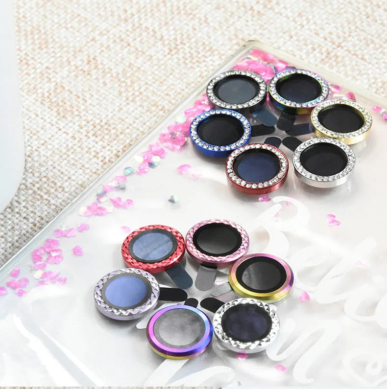 iPhone camera lens protective film with diamond-cut aluminium alloy ring and tempered glass in multiple colours