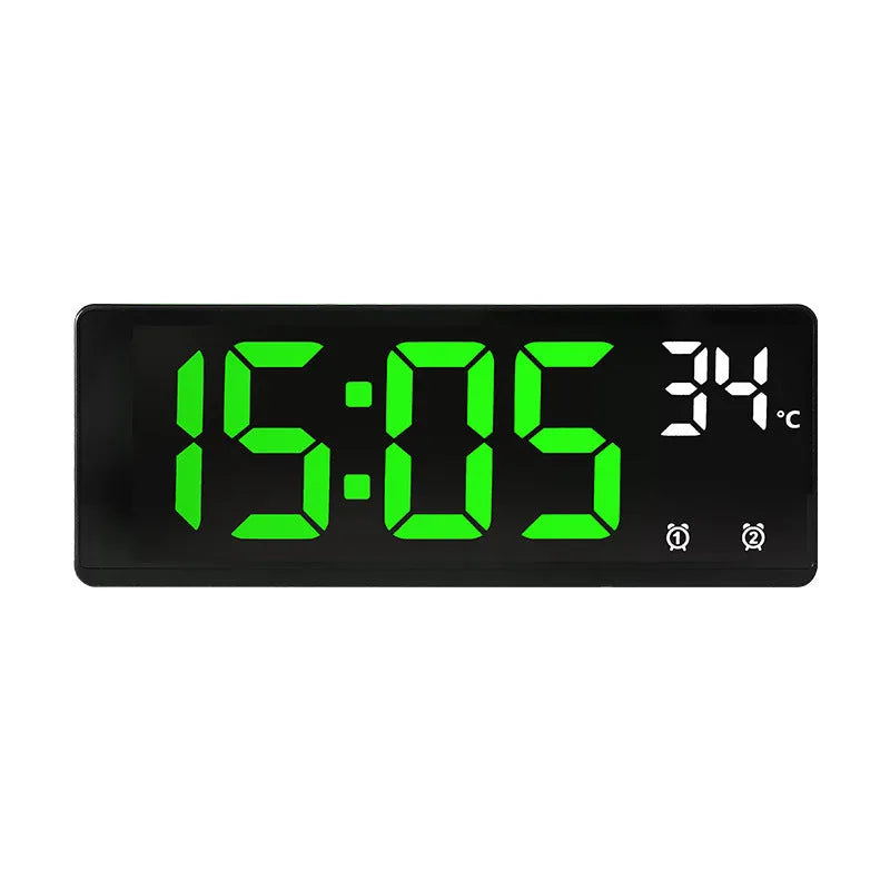 Creative multi-functional electronic alarm clock with large LED screen showing time and temperature.