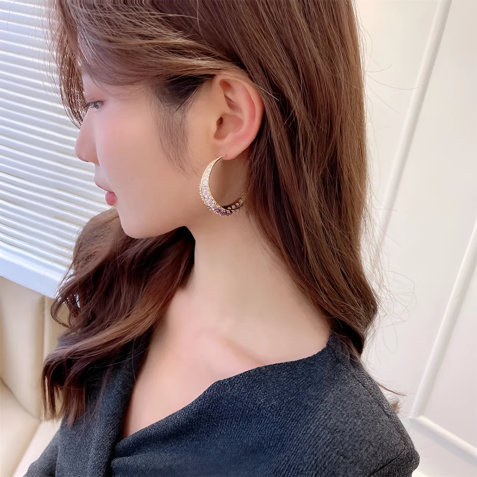 Women's geometric copper hoop earrings in electroplated colours measuring 4.3cm by 4.5cm