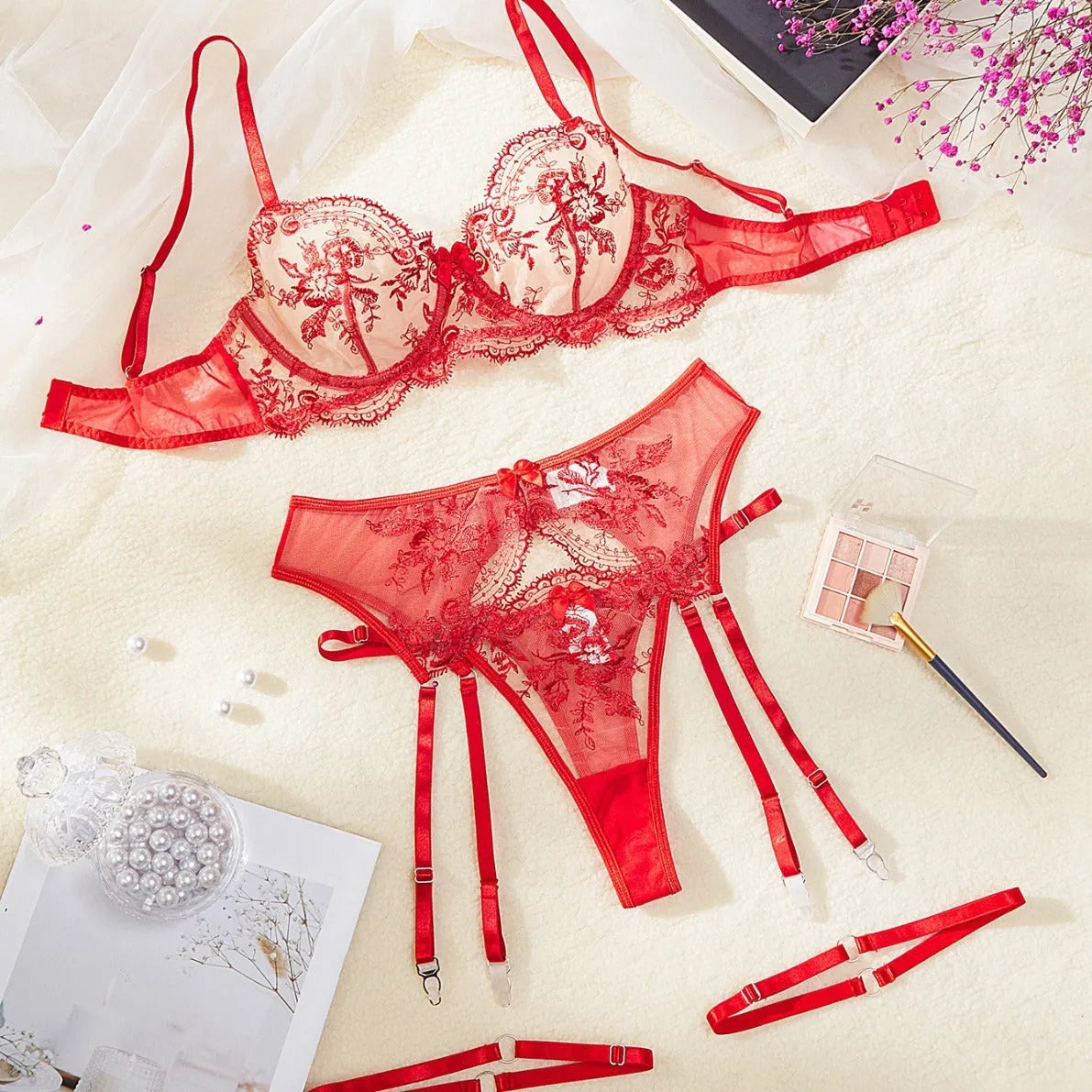 Women's sheer polyamide lingerie set with cutout design in black, red, or blue