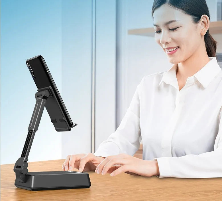 Black mobile phone stand with Bluetooth speaker on desk showing 135cm height and USB charging port