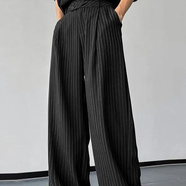 Men's black vertical striped pleated casual trousers showing high elasticity fabric and rabbit hair bamboo fibre blend