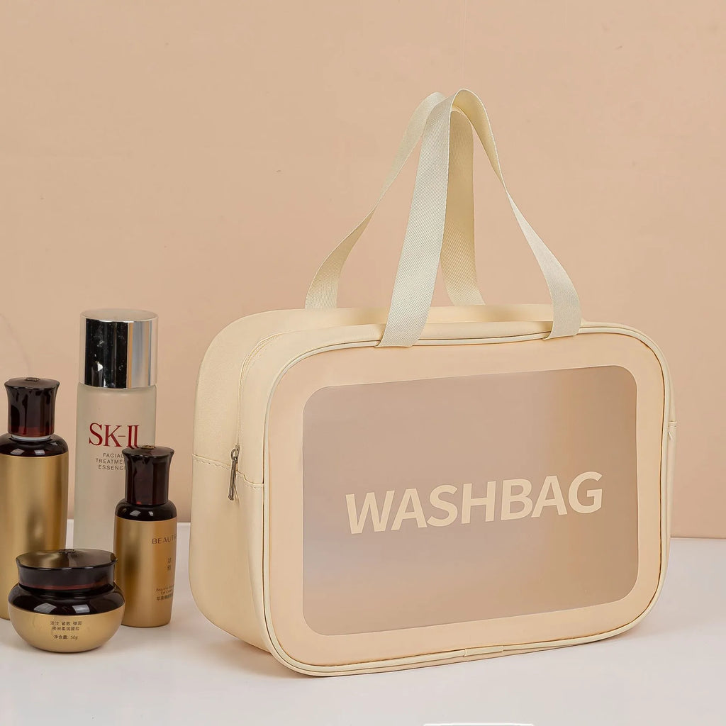Three-piece PVC wash bag set in transparent beige, white, black, pink and blue with large, medium and small sizes