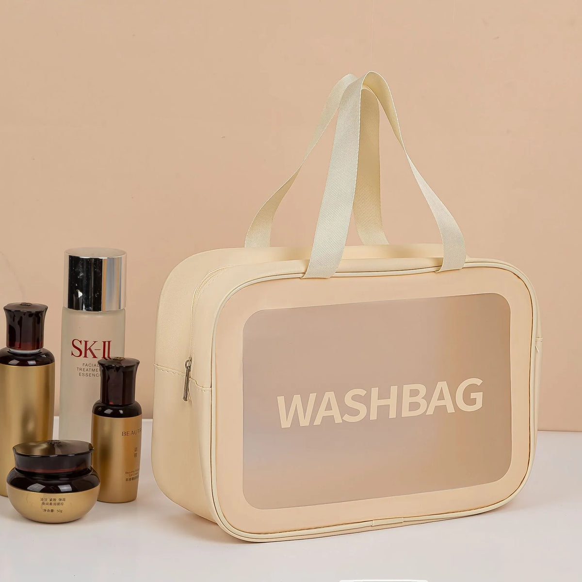 Three-piece PVC wash bag set in transparent beige, white, black, pink and blue with large, medium and small sizes