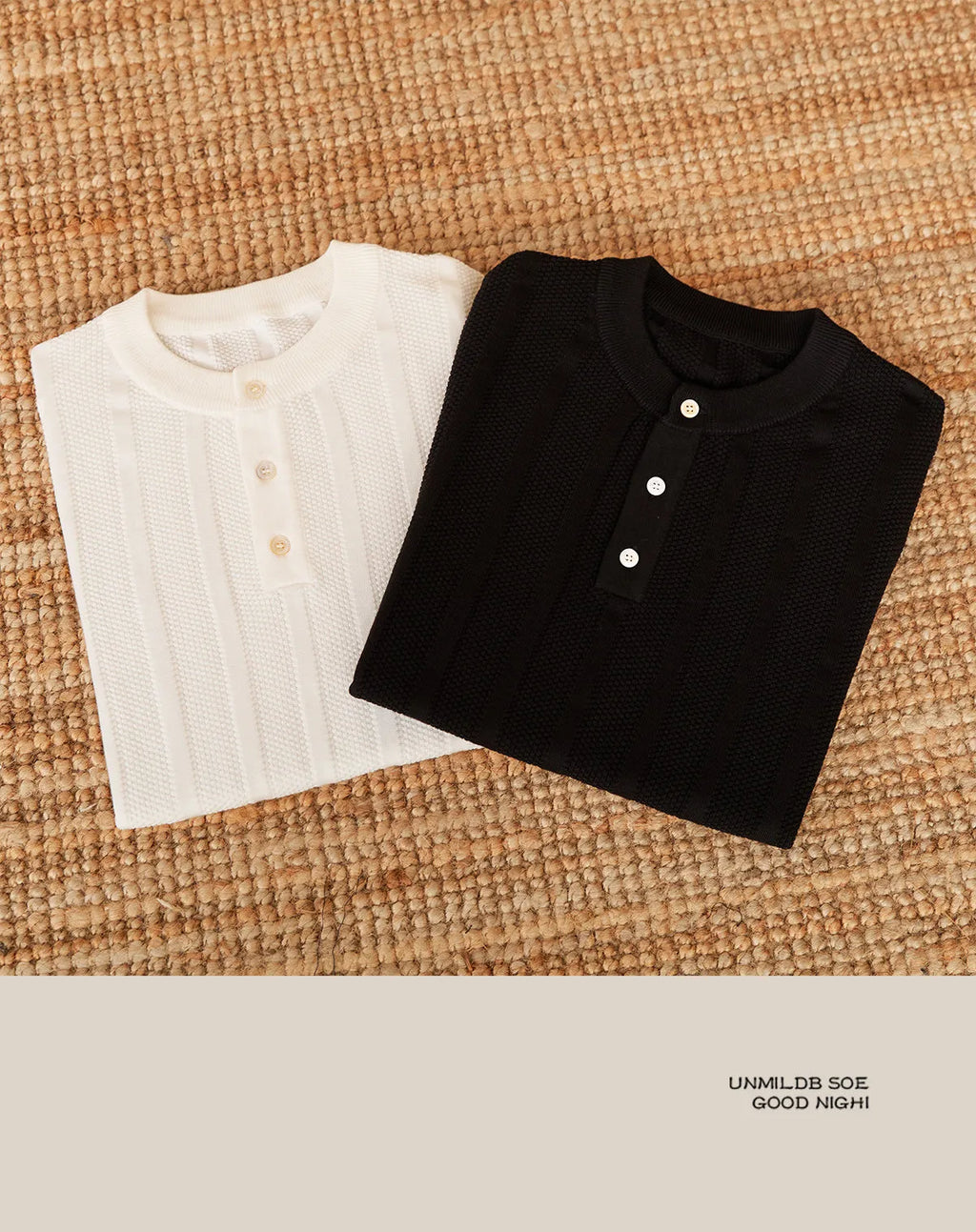 Men's beige cotton T-shirt with henry collar and subtle sunken stripe pattern on the front.