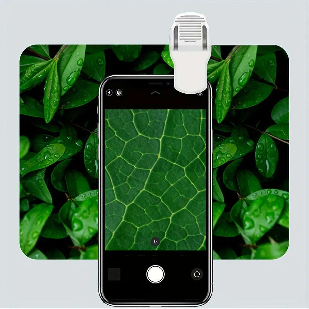 Mini mobile phone microscope with clip-on adapter showing 60x magnification capability