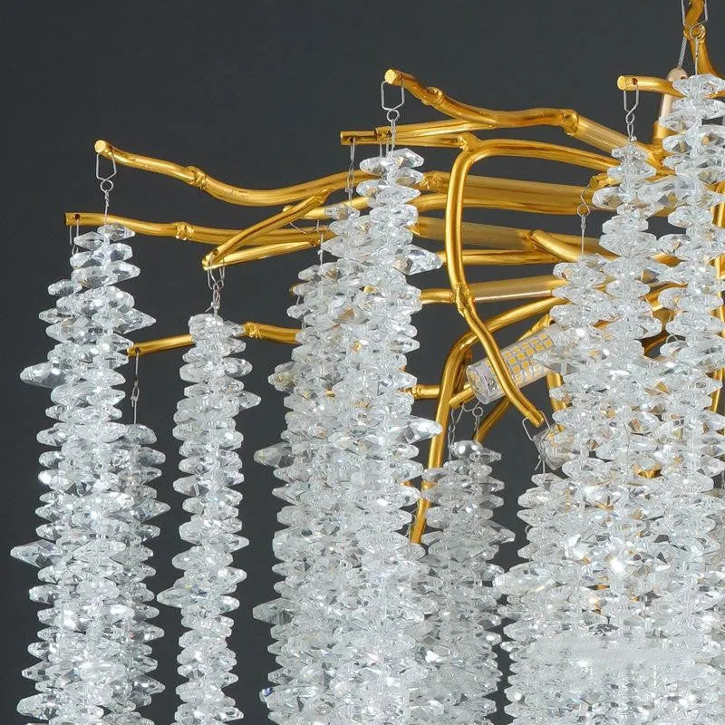 Crystal chandelier with adjustable height, LED light, and aluminium alloy body in round or long styles for large rooms