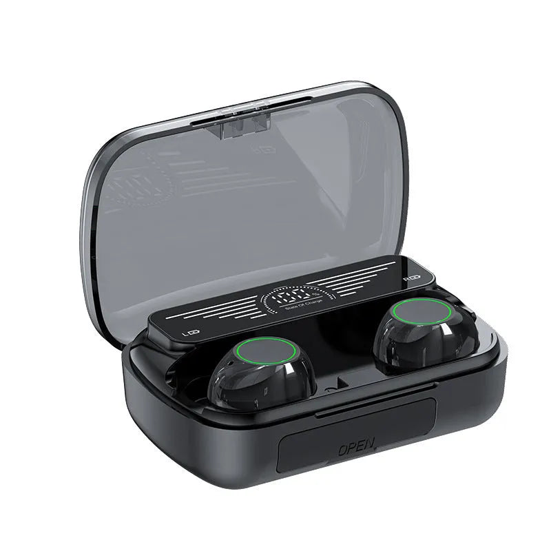 Black wireless Bluetooth TWS earphones with touch controls on a white background