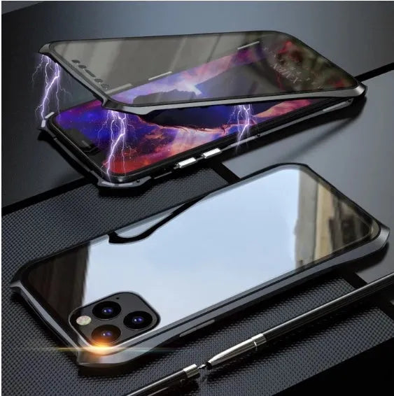 Silver metallic magnetic back cover case for an iPhone 11 Pro Max on a table.