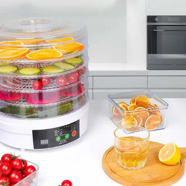 Five-layer food dehydrator with mesh drying trays and temperature control dial for home food preservation