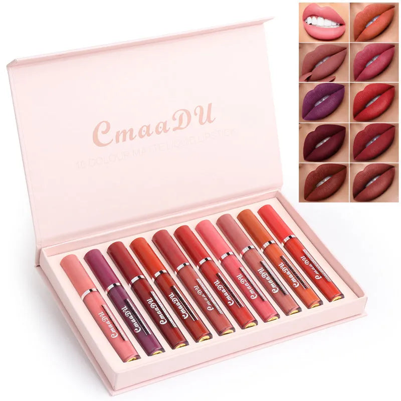 Ten matte lipsticks in packaging with waterproof non-transfer formula
