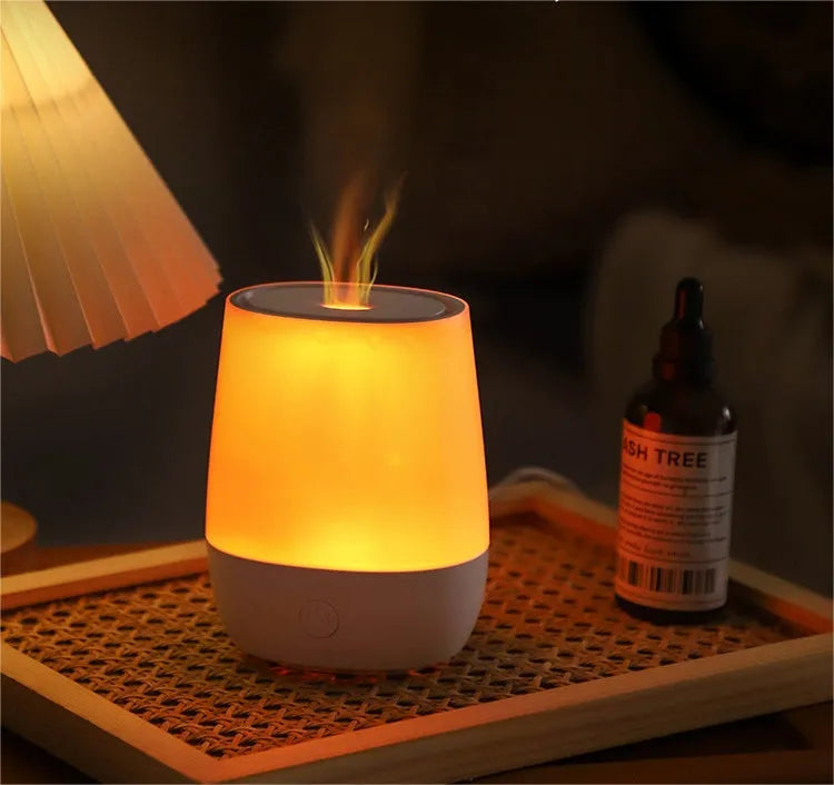 White USB aromatherapy humidifier with simulation flame effect, 138mm x 110mm x 76mm size