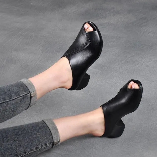 Women's black square heel peep-toe slippers with PU upper and rubber sole