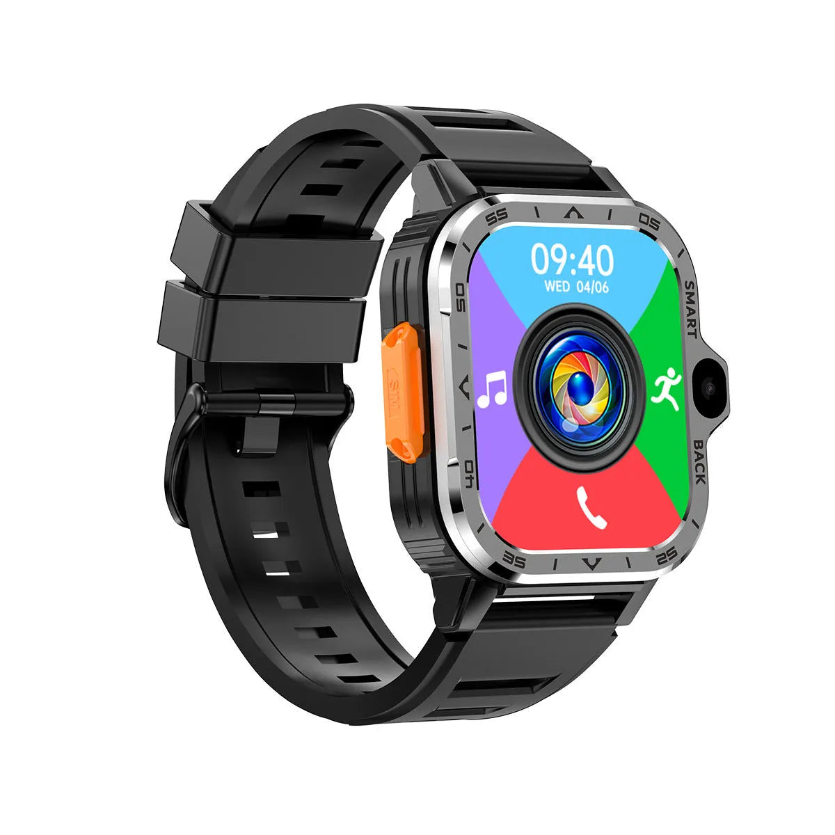 Black Android smart watch with touch screen displaying time, worn on wrist