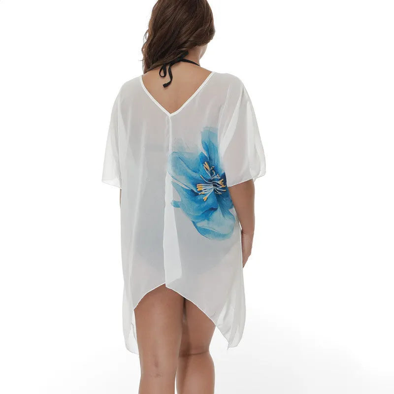 White plus size beach cover-up blouse with loose fit for swimming and wading activities