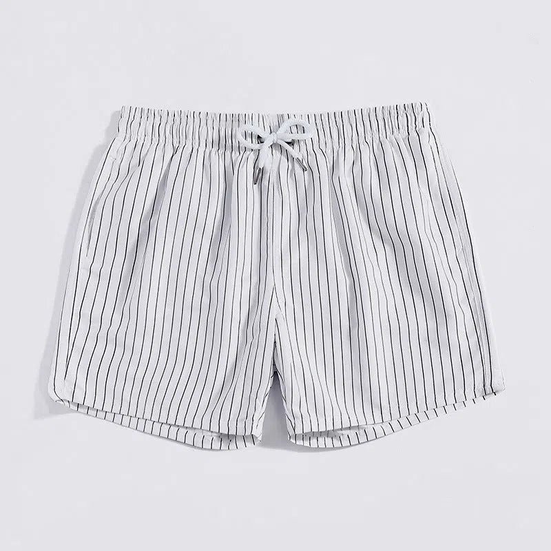 Men's white striped quick-drying polyester beach trousers, loose straight-leg lined summer pants