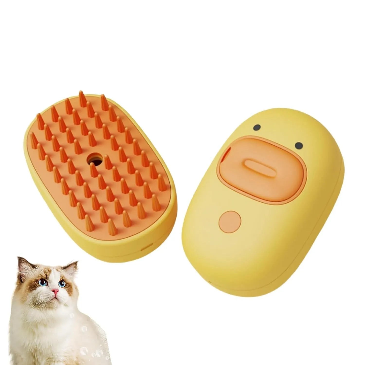 White or yellow Cat Steam Brush with silicone teeth and rechargeable spray for grooming dogs and cats