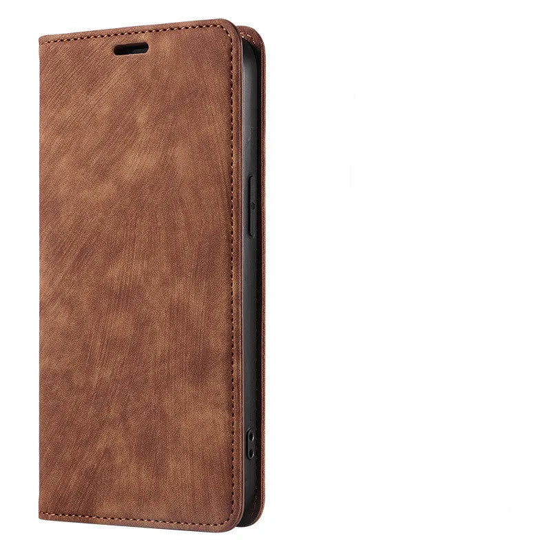 Magnetic flip phone case in grey colour with TPU and leather materials, showing closed flap for iPhone protection