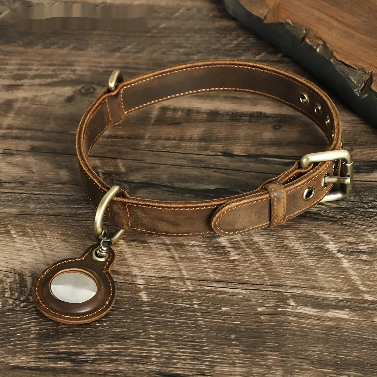 Brown handmade genuine cowhide leather dog collar with lanyard, shown in retro style.