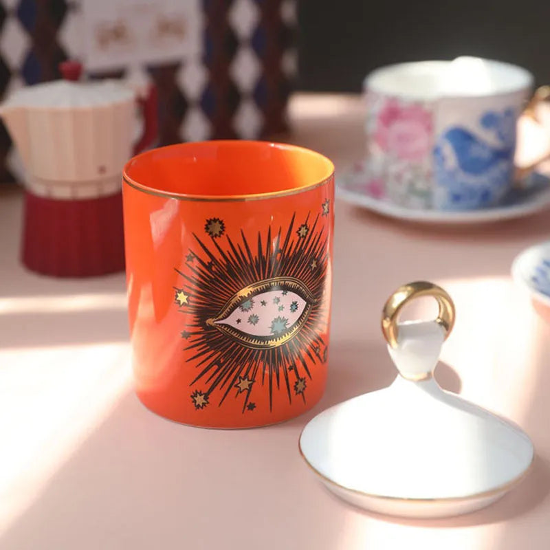 Big Eyes ceramic candle holder with decal figures-and-gods pattern, porcelain candle cup and jar storage, blue or red