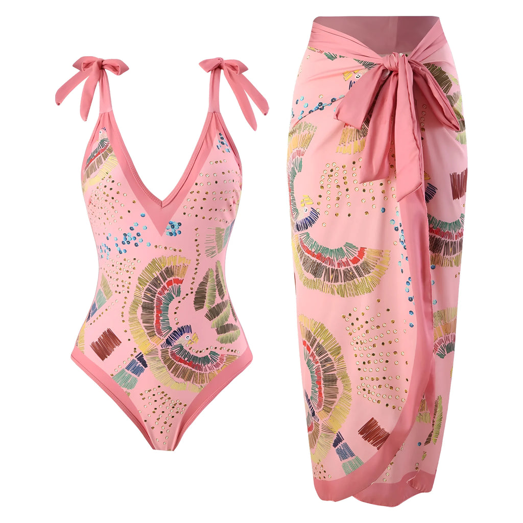 Retro French style one-piece swimsuit with optional matching gauze skirt in blue or pink colour options