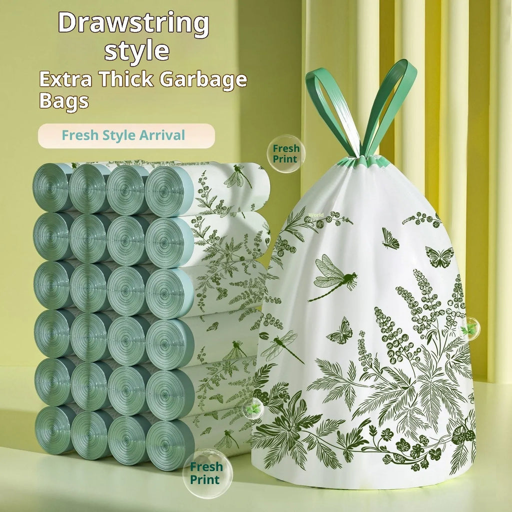 Mugwort print drawstring garbage bags, PE household bin liners with handles, supplied in rolls of 100, 50, 30, 10 or 12 pcs.