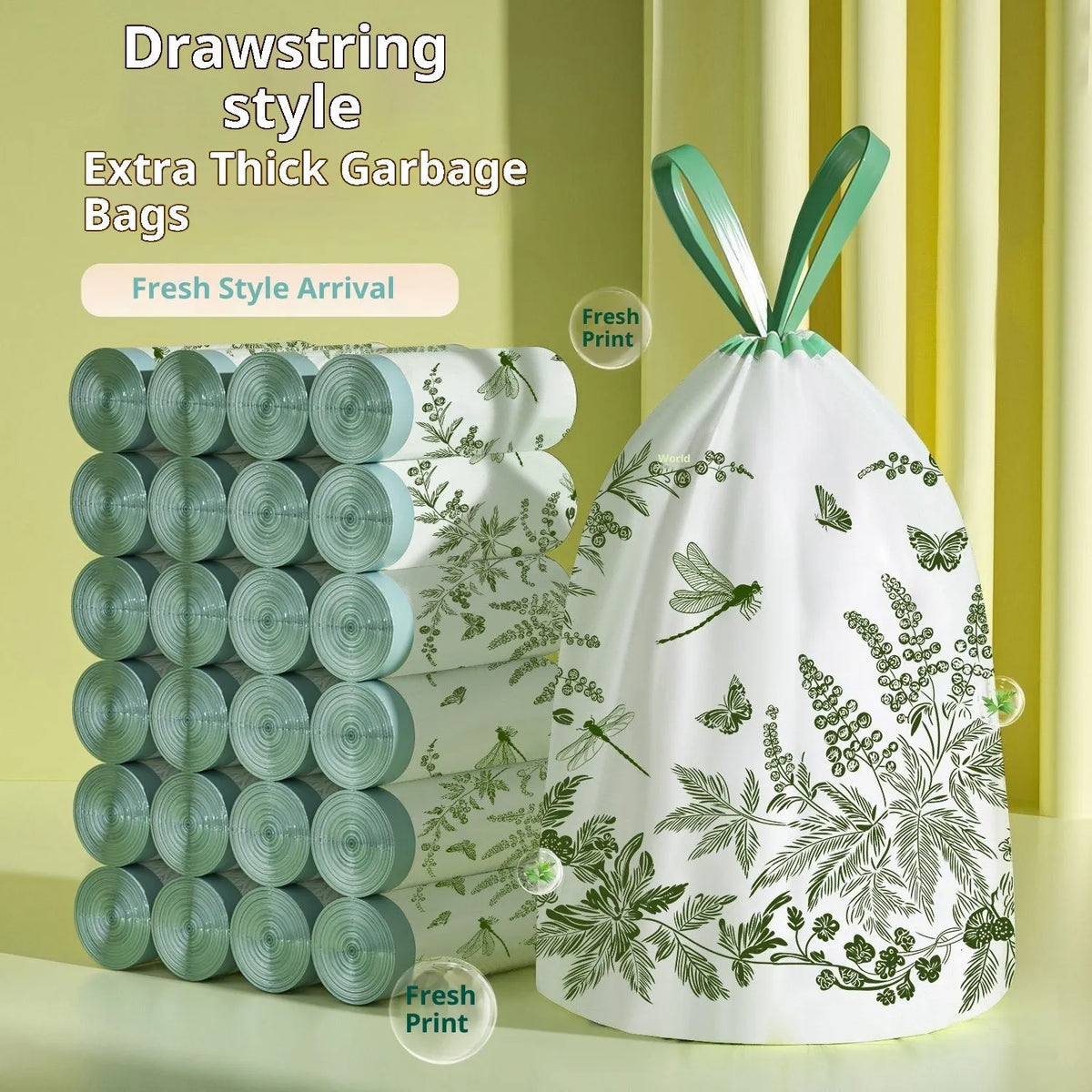 Mugwort print drawstring garbage bags, PE household bin liners with handles, supplied in rolls of 100, 50, 30, 10 or 12 pcs.