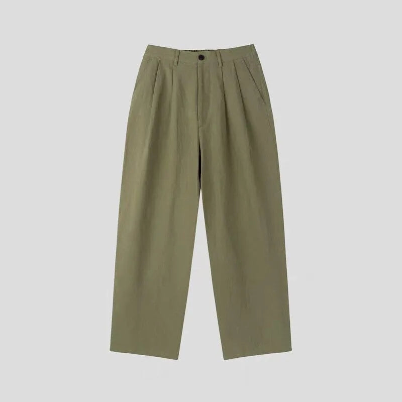 Men's lightweight cotton linen trousers with micro-elastic waistband showing apricot colour option and pencil leg opening