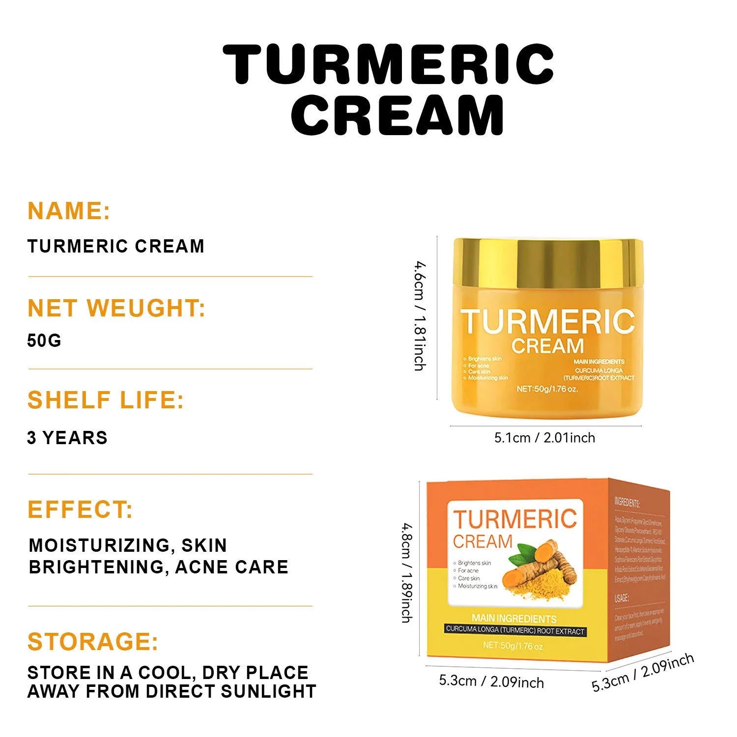 50g moisturising cream in a 53mm x 53mm x 48mm jar for skin brightening and hydration.
