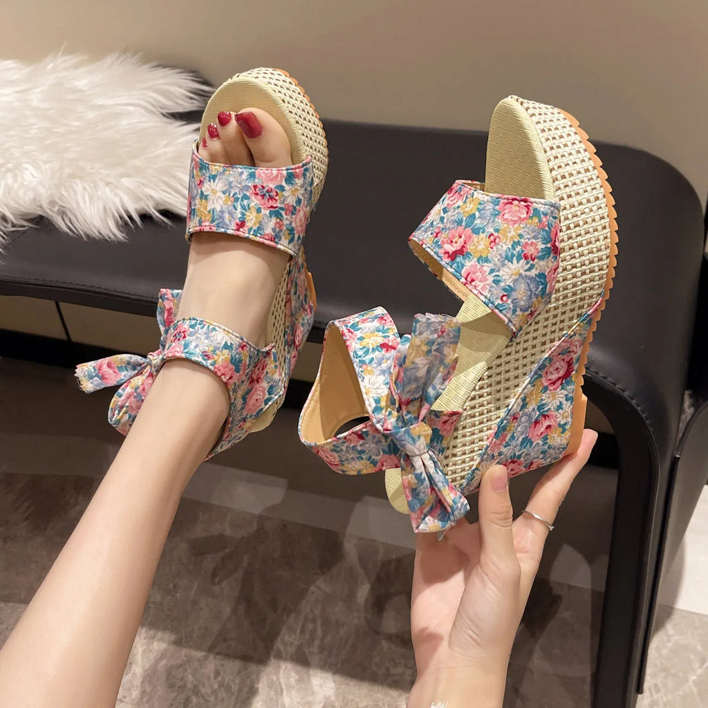 Women's floral wedge peep toe sandals with ankle-strap buckle on rubber sole