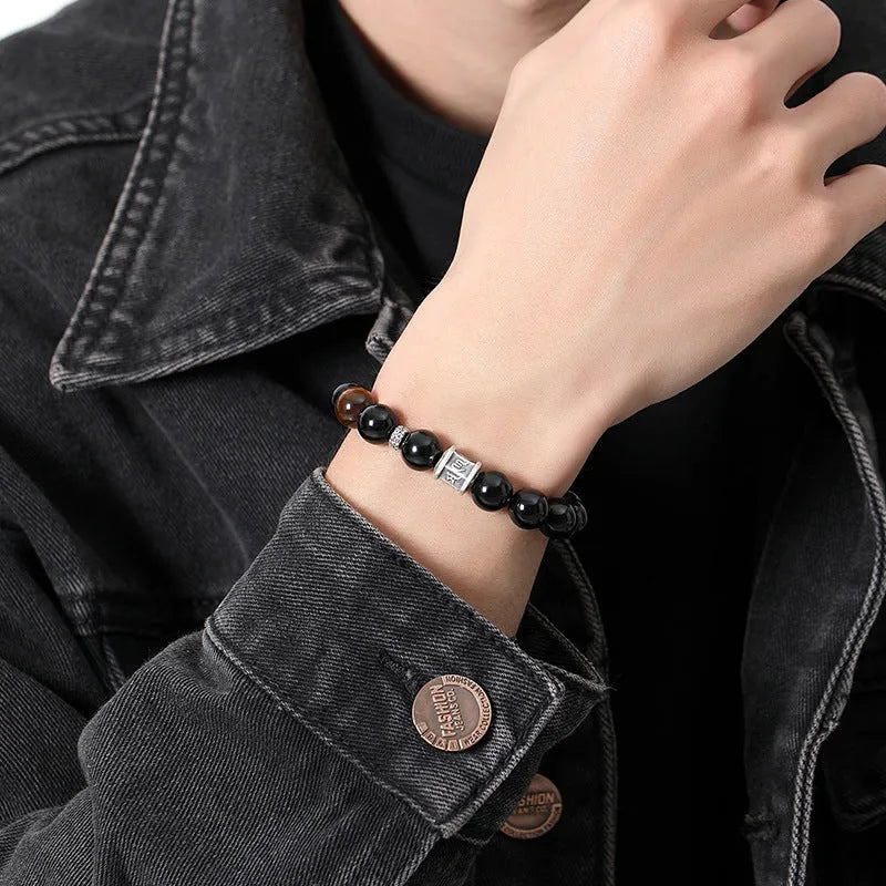 Hand-woven pure silver obsidian bracelet with Tibetan prayer wheel and 10mm beads