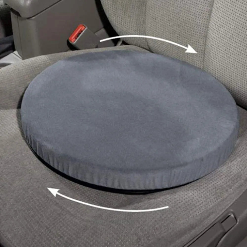 Circular car seat cushion with rotation feature, measuring 40cm across with 6cm thick sponge and non-slip base
