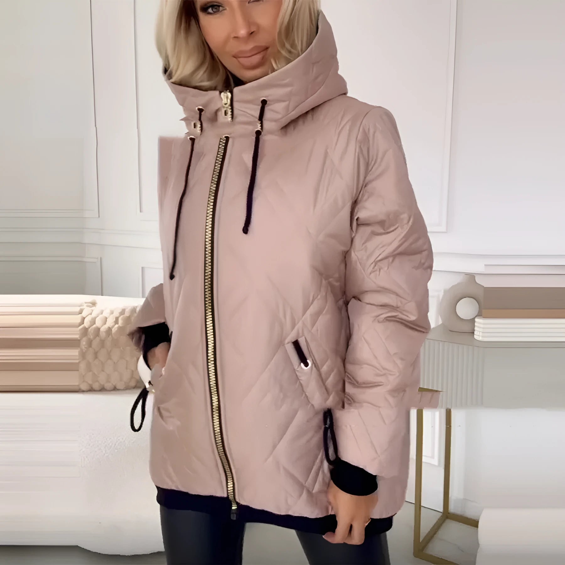 Women's hooded casual coat in black or pink colour made from polyester fabric