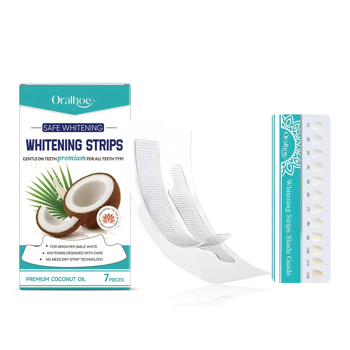 Pack of seven whitening dental strips and a tooth colour shade guide.